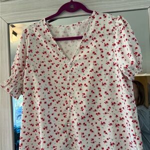 Floral V-Neck Blouse - Red and White
